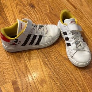 Adidas Kids White Sneakers with Black Stripes and Mickey Design